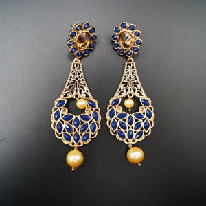 Binita Blue & Gold Polki Stone Earrings - Gold