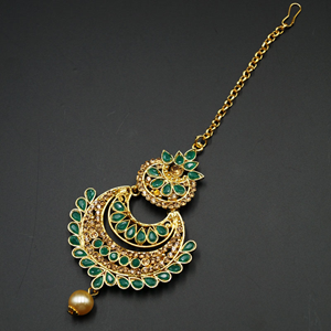 Elva-Gold/Green Polki StoneTikka- Gold