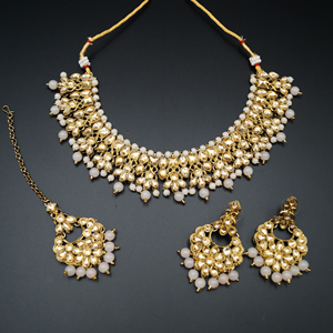 Salina Gold Polki & Light Peach Beads Necklace Set - Antique Gold