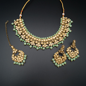 Salina Gold Polki & Mint Beads Necklace Set - Antique Gold