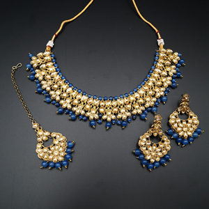 Salina Gold Polki & Blue Beads Necklace Set - Antique Gold