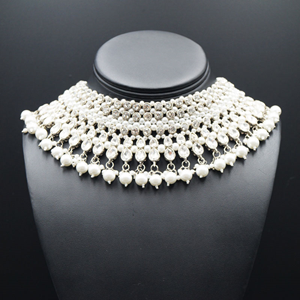 Anila- White Diamante and Pearl Choker Necklace Set - Silver