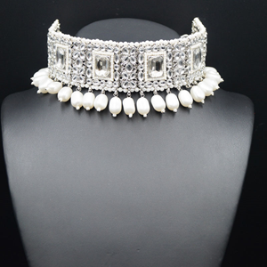 Balin White Polki Choker Necklace Set - Silver