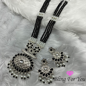 Akuti Black/Diamante Medium Necklace Set - Silver