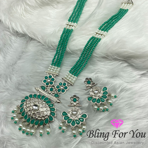 Akuti Pista/Diamante Medium Necklace Set - Silver