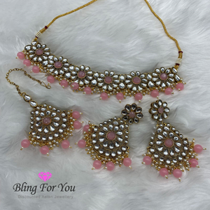 Diliso White Kundan/ Baby Pink  Choker Necklace Set - Antique Gold