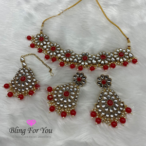 Diliso White Kundan/ Red Choker Necklace Set - Antique Gold