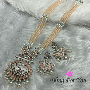 Akuti Light Peach/Diamante Medium Necklace Set - Silver