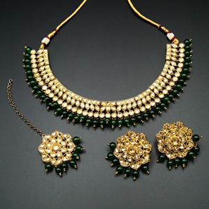 Ksya Gold/Green Polki Stone Necklace Set - Antique Gold