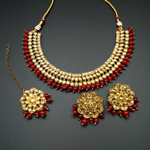 Ksya Gold/Red Polki Stone Necklace Set - Antique Gold
