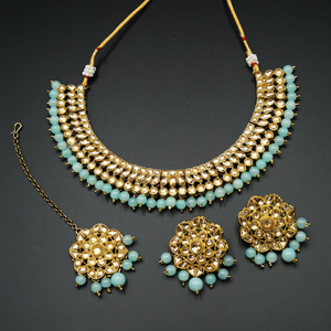 Ksya Gold/Blue Polki Stone Necklace Set - Antique Gold