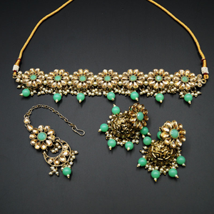 Lexi Gold/ Mint Polki Choker  Necklace Set - Antique Gold