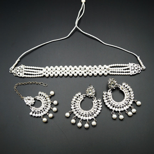 Izar White Diamante and Pearl Choker Necklace Set - Silver