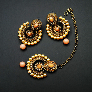 Twisa Gold Diamante/ Peach Beads Necklace Set - Gold