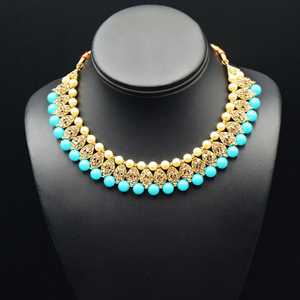 Twisa Gold Diamante/ Turquoise Beads Necklace Set - Gold