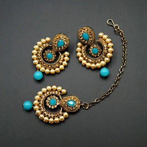 Twisa Gold Diamante/ Turquoise Beads Necklace Set - Gold