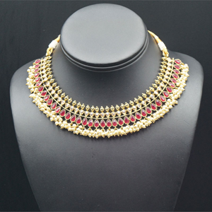 Oorja - Gold Polki/Cerise Stone Necklace Set - Antique Gold