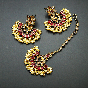 Oorja - Gold Polki/Cerise Stone Necklace Set - Antique Gold