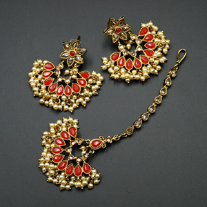 Oorja - Gold Polki/Red Stone Necklace Set - Antique Gold