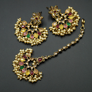 Oorja - Gold Polki/Multicolour Stone Necklace Set - Antique Gold
