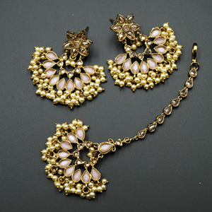 Oorja - Gold Polki/Baby Pink Stone Necklace Set - Antique Gold