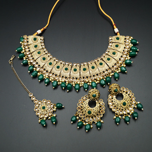 Beli Gold/Green Polki Stone Necklace Set - Antique Gold