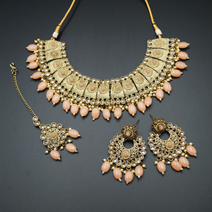 Beli Gold/Peach Polki Stone Necklace Set - Antique Gold
