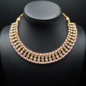 Rhodas -Gold Polki/Baby Pink Beads Necklace Set - Antique Gold