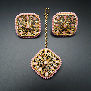 Rhodas -Gold Polki/Baby Pink Beads Necklace Set - Antique Gold