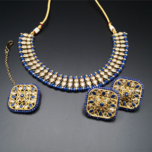 Rhodas -Gold Polki/Navy Blue Beads Necklace Set - Antique Gold