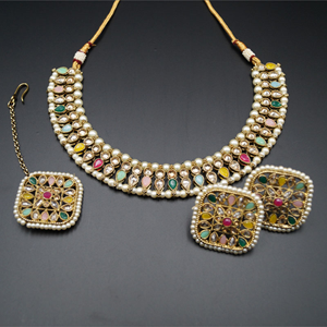 Rhodas -Gold Polki/Multicolour Beads Necklace Set - Antique Gold