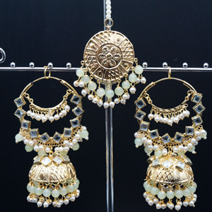 Zacki -White Kundan/ Light Mint Beads Earring Tikka Set - Gold