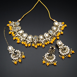 Usha- White Mirror/ Mango Beads Necklace  Set - Antique Gold