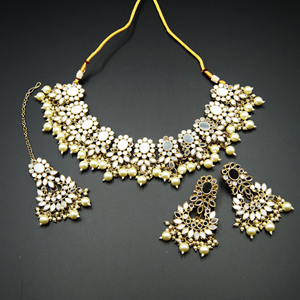 Usha- White Mirror/ White Pearls Necklace  Set - Antique Gold