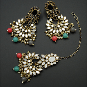 Usha- White Mirror/ Multicolour Beads Necklace  Set - Antique Gold