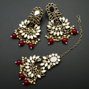 Usha- White Mirror/Cerise Beads Necklace  Set - Antique Gold