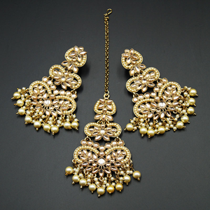Gulab - Gold  Kundan Stone Earring Tikka Set - Gold