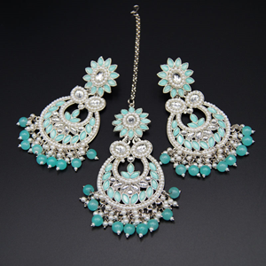 Anika-Turquoise Kundan Stone Earring Tikka Set - Silver