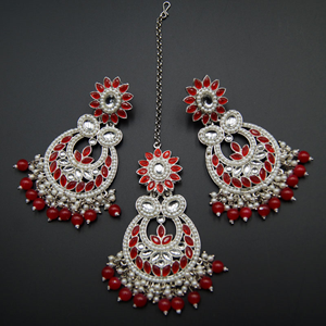 Anika- Red Kundan Stone Earring Tikka Set - Silver