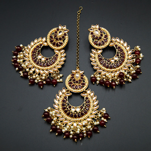 Canisa- Gold Kundan Stone/Maroon Beads Earring Tikka Set - AntiqueGold