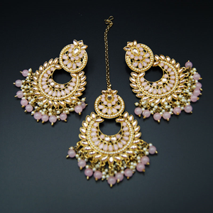 Canisa- Gold Kundan Stone/Baby Pink Beads Earring Tikka Set - Antique Gold
