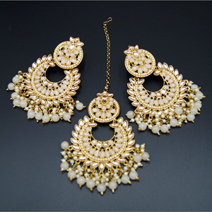 Canisa- Gold Kundan Stone/Nude Beads Earring Tikka Set - Antique Gold