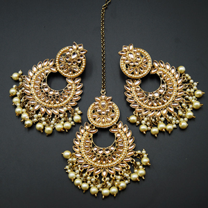 Canisa- Gold Kundan Stone/Champagne Pearls Earring Tikka Set - Antique Gold