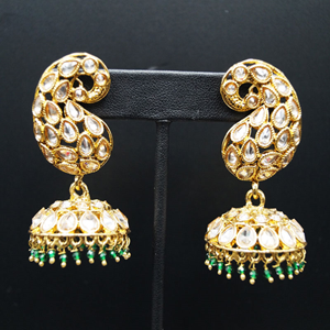 Warda -Gold Polki Stone /Green Beads Jhumka- Antique Gold
