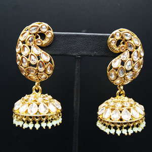 Warda -Gold Polki Stone /Mint Beads Jhumka- Antique Gold