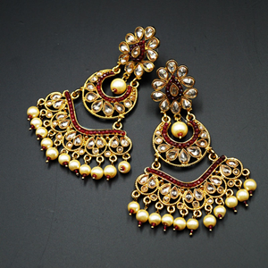 Ujwal -Gold Polki Stone/Maroon Beads Earrings - Antique Gold