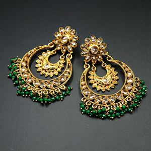 Devaki -Gold Polki Stone/Green Beads Earrings - Antique Gold