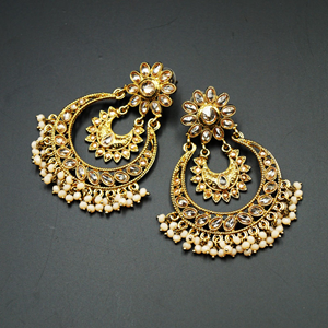 Devaki -Gold Polki Stone/Peach Beads Earrings - Antique Gold