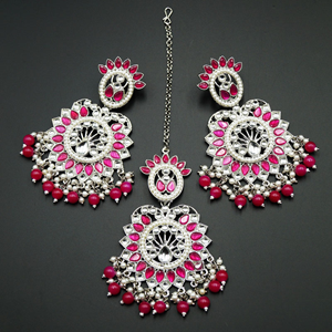 Shima - Pink/White Kundan Stone Earring Tikka Set - Silver