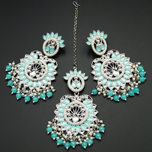Shima - Turquoise/White Kundan Stone Earring Tikka Set - Silver